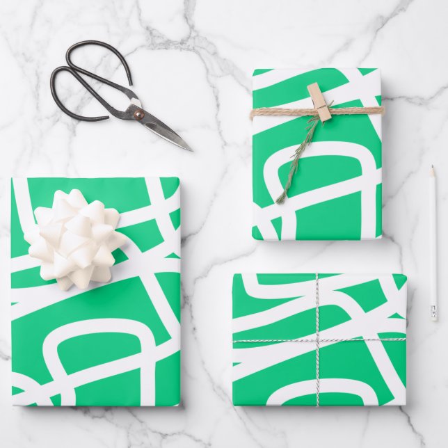 Modern Abstract Lines Green White Cute Whimsical Wrapping Paper Sheets (Front)