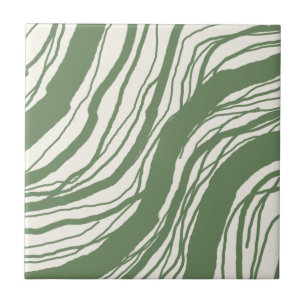 Modern Abstract Lines Sage Green White Ceramic Tile
