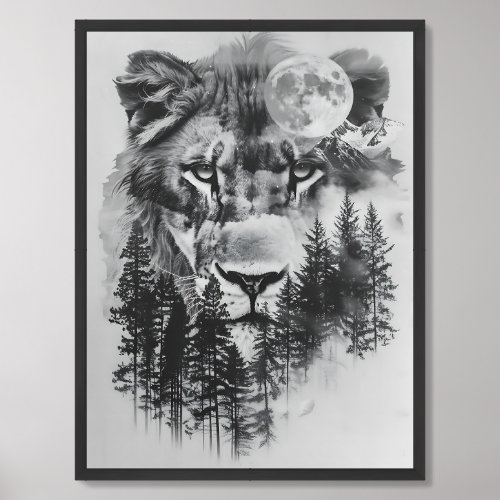Modern abstract lion and mountain double exposure framed art