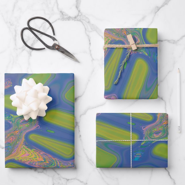 Modern Abstract Liquid Pour Art Blue Green Wrapping Paper Sheets (Front)
