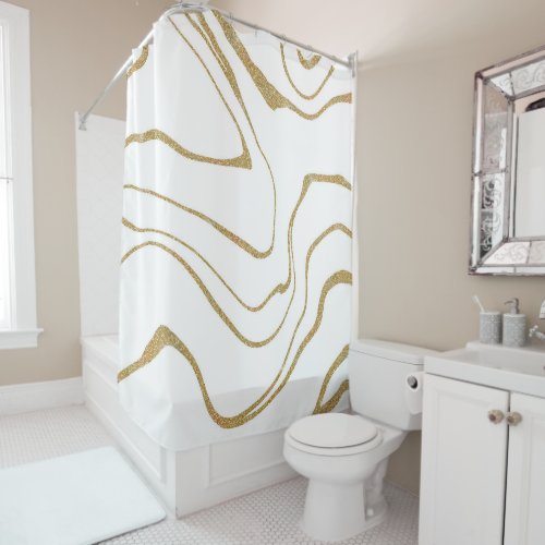 Modern abstract Liquid swirl White Gold Shower Curtain