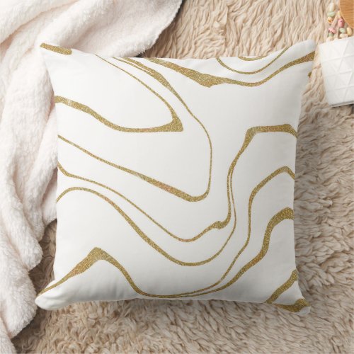 Modern abstract Liquid swirl White Gold Throw Pillow