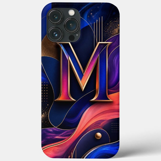 Modern Abstract M Initial Phone Case, Elegant Navy Case-Mate iPhone Case (Back)