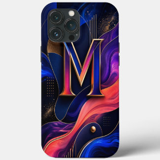 Modern Abstract M Initial Phone Case, Elegant Navy iPhone 13 Pro Max Case