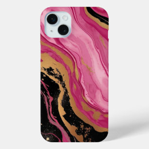 Modern abstract magenta pink gold glitter black iPhone 15 plus case