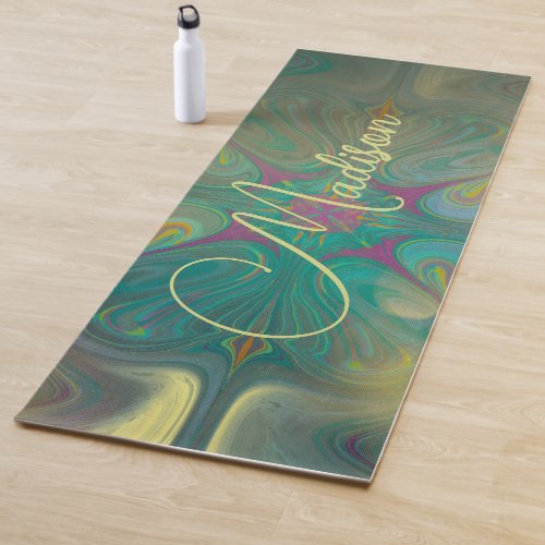 Modern Abstract Mandala Flower Dark Green Gold  Yoga Mat