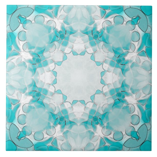 Modern abstract mandala pattern, teal, white ceramic tile (Front)