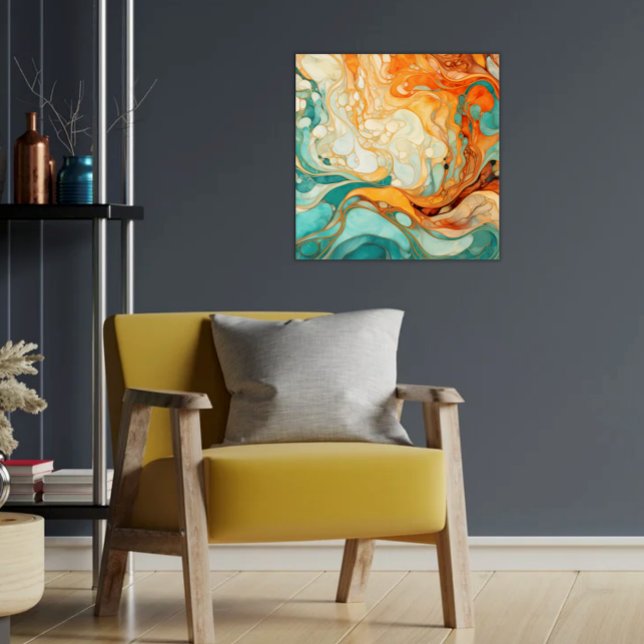 Modern Abstract Marbelized Orange & Teal Acrylic Print (Marbelized Abstract Flowing Waves Teal, Orange, Burnt Orange and Beige Modern Peaceful)
