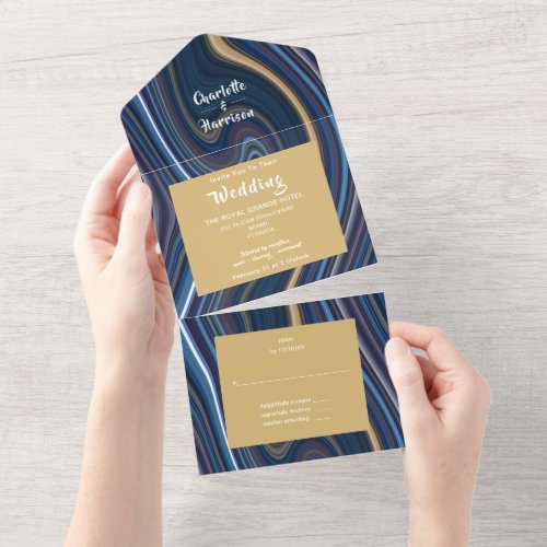 Modern Abstract Marble Agate Blue Gold Wedding All In One Invitation
