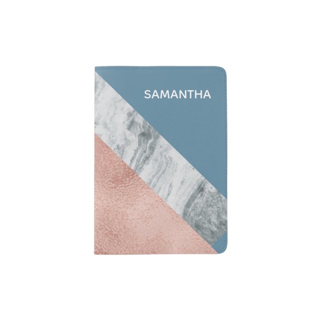 Modern abstract marble rose gold blue with Name Passport Holder (Front)