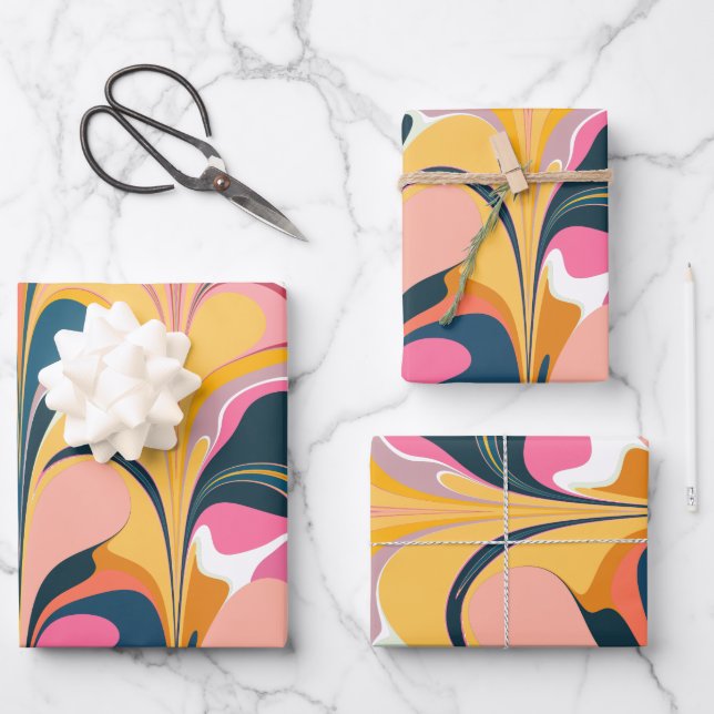 Modern Abstract Marble Swirl in Pink and Yellow  Wrapping Paper Sheets (Front)