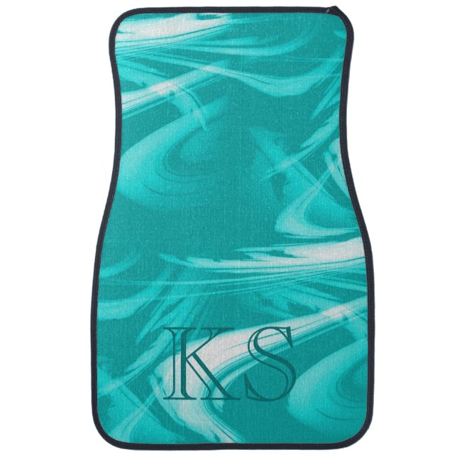 Modern Abstract Marble Teal Aqua Marbled Monogram Car Floor Mat (Front)