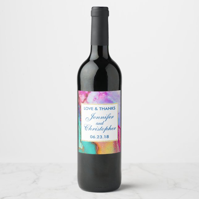 Modern Abstract Marble Watercolor Design Wine Label (Front)