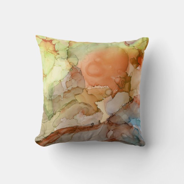 Modern Abstract Marbled Orange Lime Tan Blue Throw Pillow (Front)