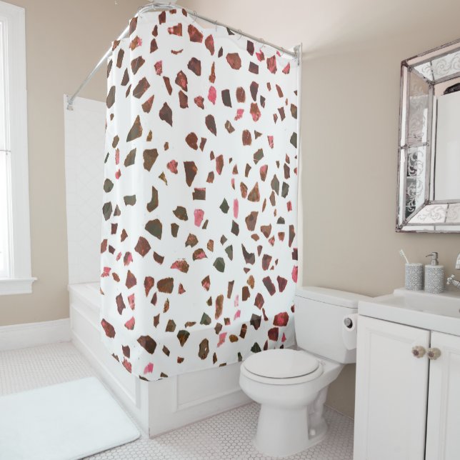 Modern Abstract Marbled Pink Terracotta Terrazzo Shower Curtain (In Situ)