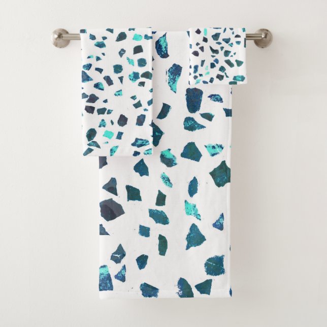 Modern Abstract Marbled Turquoise Terrazzo Bath Towel Set (Insitu)
