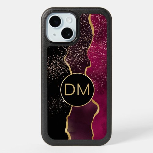 Modern Abstract Maroon Gold Monogram iPhone 15 Case