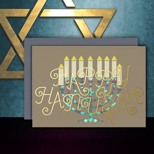 Modern Abstract Menorah Pink Purple Blue Foil Holiday Card