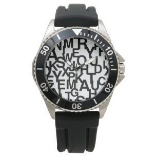 Modern, abstract, messy pattern with letters watch