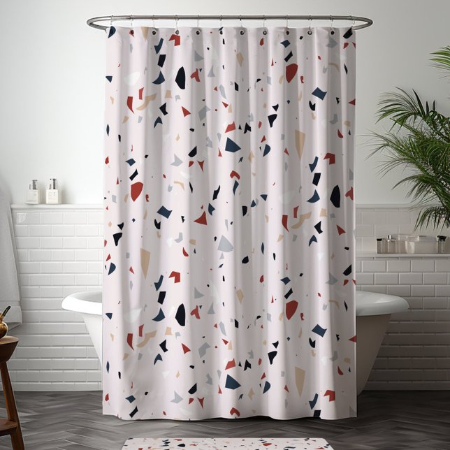 Modern Abstract Mid Century Terrazzo Pattern Shower Curtain (In situ bathroom)
