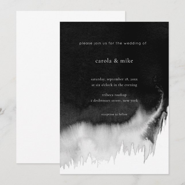 Modern Abstract Minimal Watercolor Black Wedding Invitation (Front/Back)