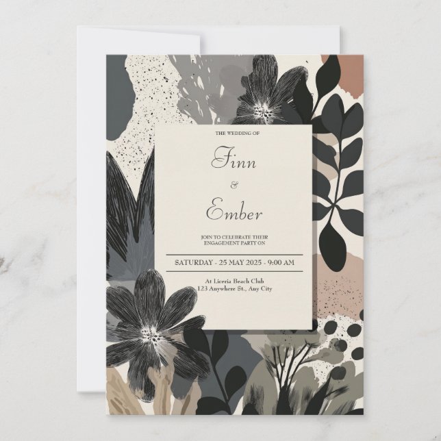 Modern Abstract Monochrome Floral Wedding Invitation (Front)
