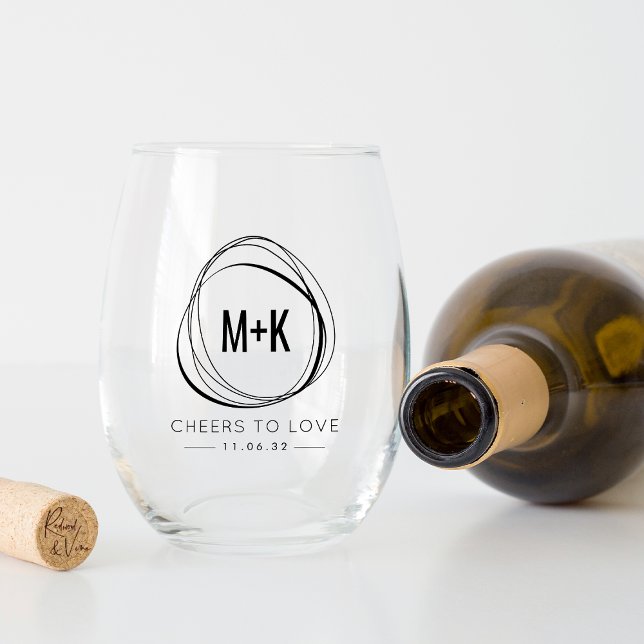 Modern Abstract Monogram Wedding Favor Stemless Wine Glass (Creator Uploaded)