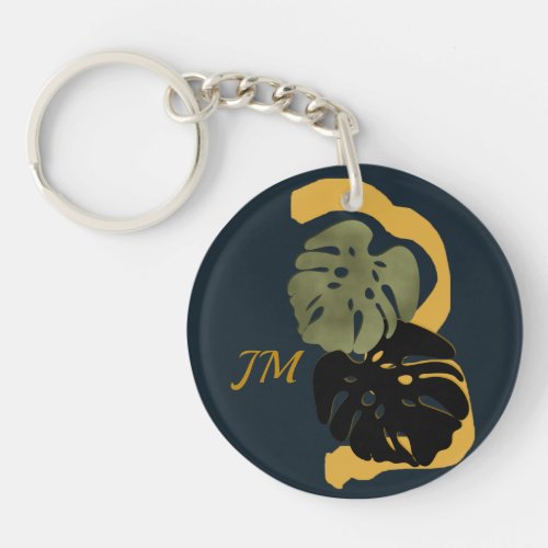 Modern abstract monstera leaves  custom initials keychain