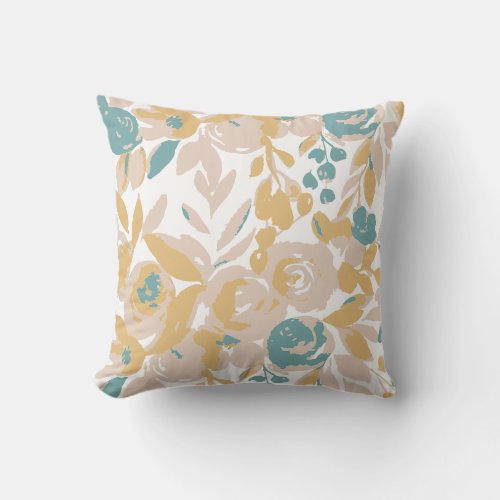 modern abstract mustard blue bold floral pattern throw pillow