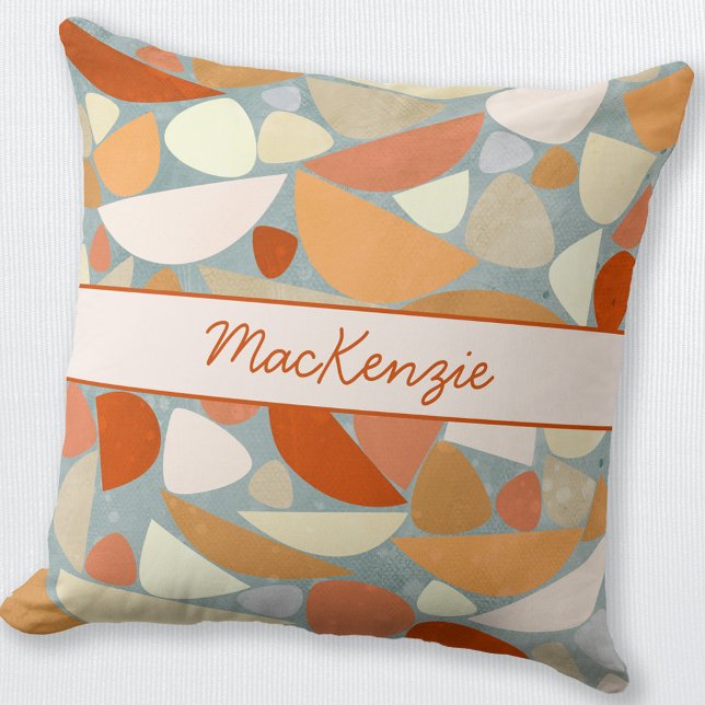 Modern Abstract Name Orange Throw Pillow (Modern abstract orange cream and sea foam personalized script name throw pillow)