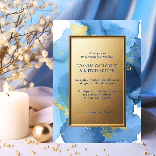Modern Abstract Navy Blue Gold Watercolor Wedding Invitation