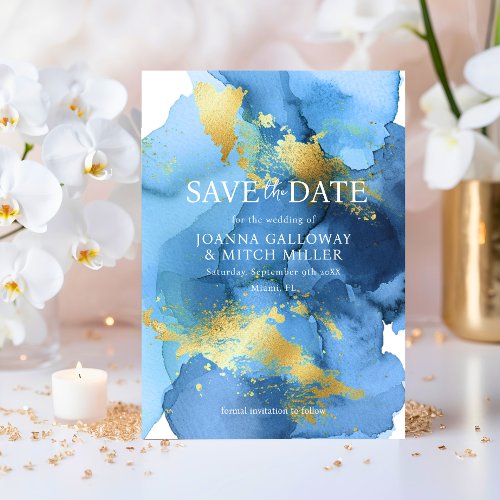 Modern Abstract Navy Blue Gold Watercolor Wedding Save The Date