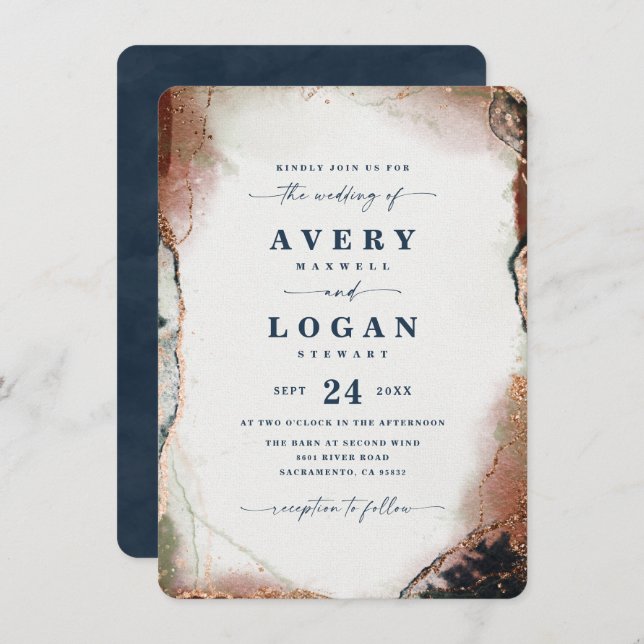 Modern Abstract Navy Blue & Orange Wedding Invitation (Front/Back)