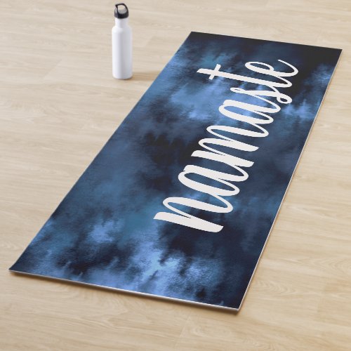 Modern abstract navy blue tie dye namaste font yoga mat