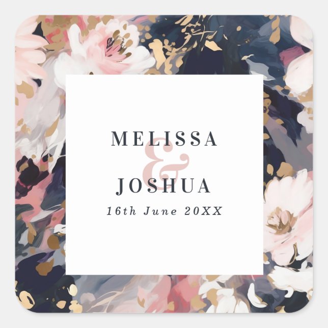 Modern Abstract Navy & Blush Wedding Square Sticker (Front)