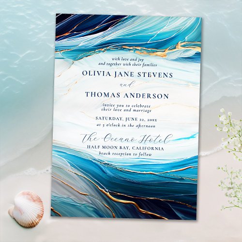 Modern Abstract Navy Gold Ocean Wave Beach Wedding Invitation