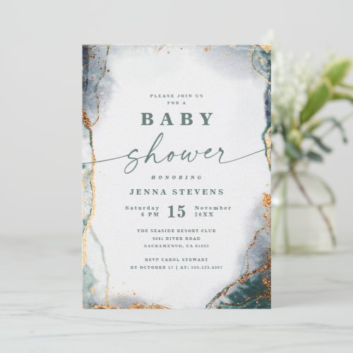 Modern Abstract Navy Green  Gold Baby Shower Invitation