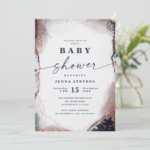 Modern Abstract Navy  Rose Gold Baby Shower Invitation