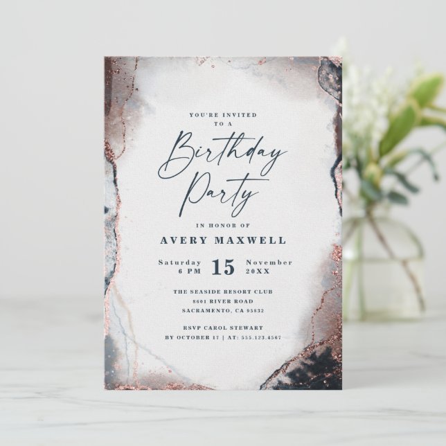 Modern Abstract Navy & Rose Gold Birthday Party Invitation (Standing Front)