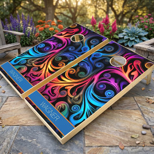 Modern Abstract Neon Color Swirls Cornhole Set