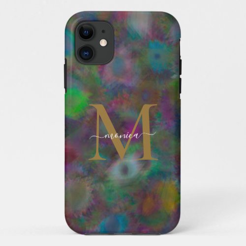 Modern Abstract Neon Colorful Gold Monogram Name iPhone 11 Case