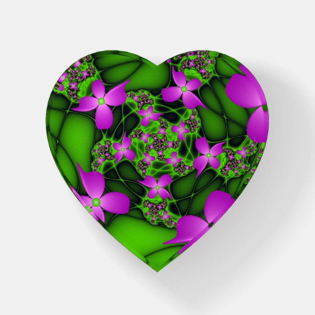 Modern Abstract Neon Pink Fractal Flowers Heart Paperweight (Front)