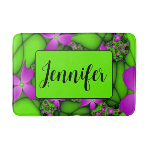 Modern Abstract Neon Pink Green Art Flowers Name Bath Mat