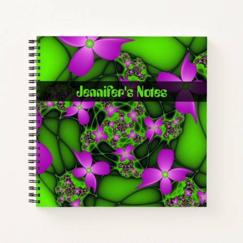 Modern Abstract Neon Pink Green Art Flowers Name Notebook