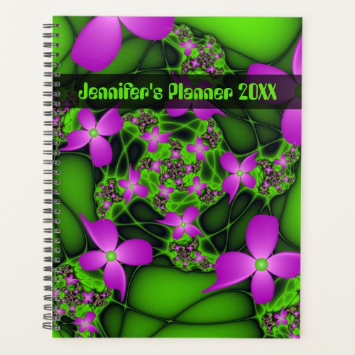 Modern Abstract Neon Pink Green Art Flowers Name Planner