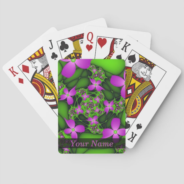 Modern Abstract Neon Pink Green Art Flowers Name Poker Cards (Back)