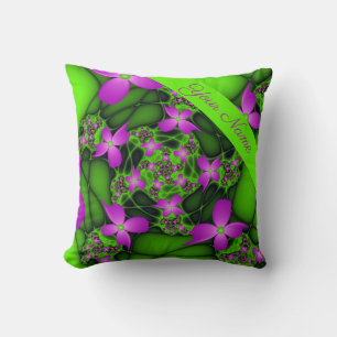 Modern Abstract Neon Pink Green Flowers Name Throw Pillow