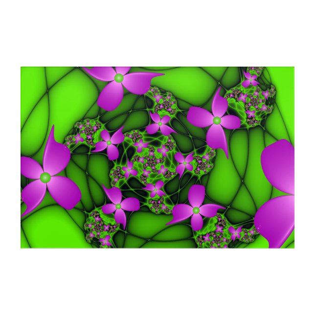 Modern Abstract Neon Pink Green Fractal Flowers Acrylic Print (Front)