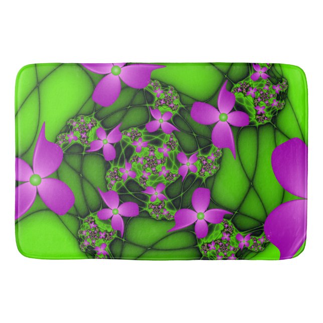 Modern Abstract Neon Pink Green Fractal Flowers Bath Mat (Front)