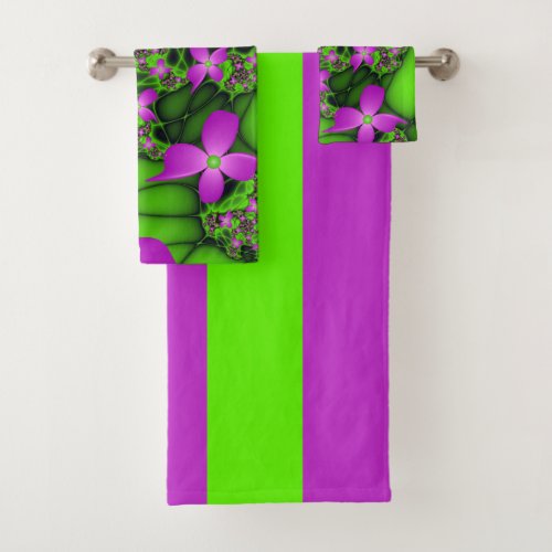 Modern Abstract Neon Pink Green Fractal Flowers Bath Towel Set